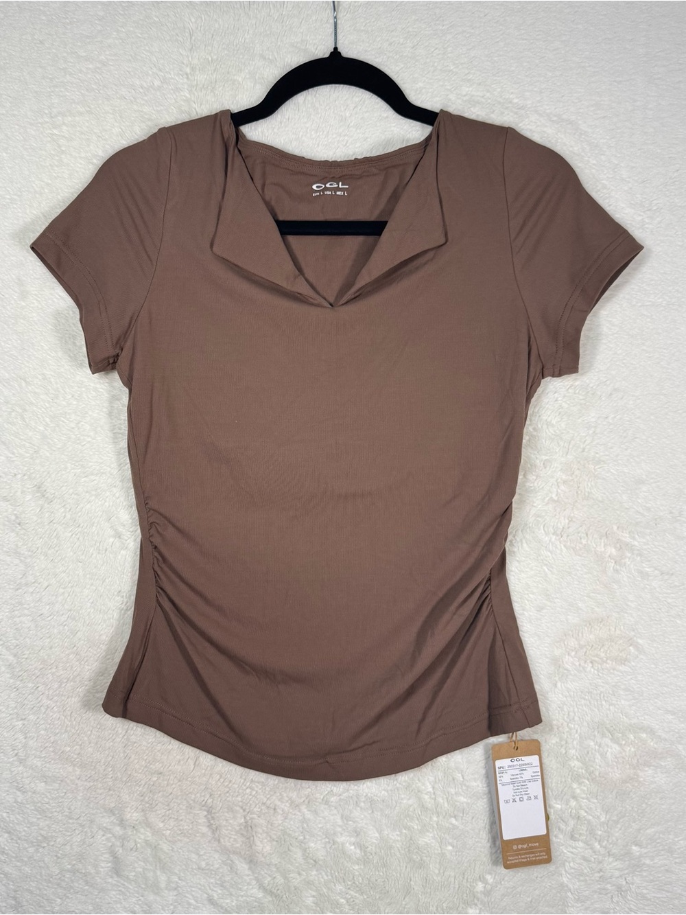 OGL Shirt Women’s Large Taupe V-Neck Ruched Side Fitted Athleisure Stretch NEW